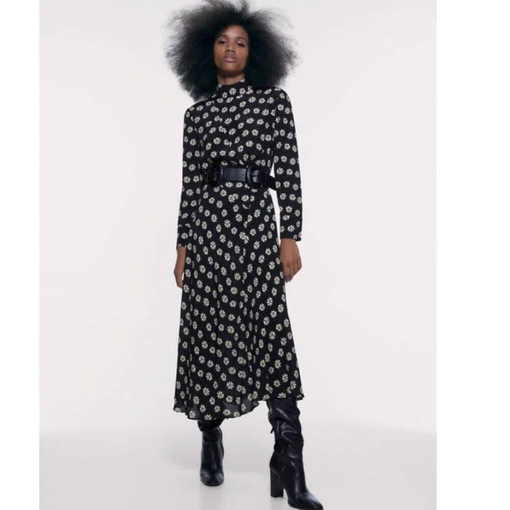 NWT XS Zara Floral Print Retro Maxi Midi High Neck Long Sleeve Dress Black Flowy